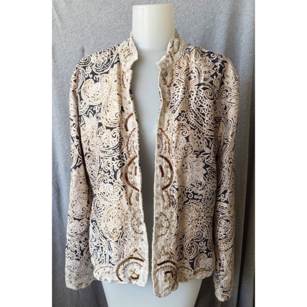 Chico's Silk Jacket Navy Blue Paisley Embroidered Beaded Boho Ornate Size 1‎ Med